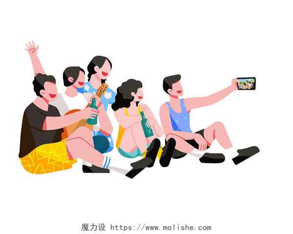 彩色卡通手绘五四青年节人物合照快乐热情活力元素PNG素材